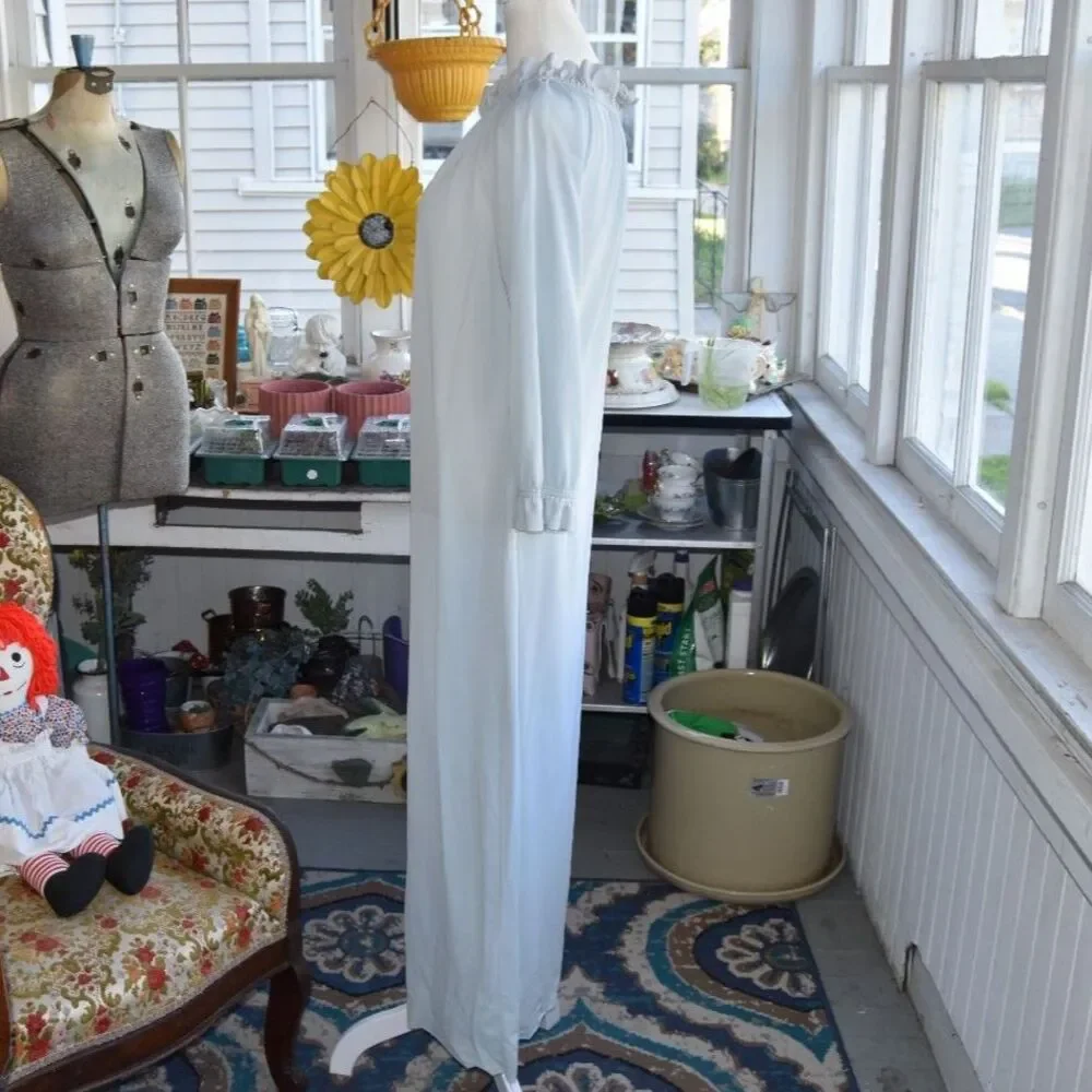 Vintage 70s Blue Prairie Nightgown Maxi Dress Ruffle Collar Boho L XL